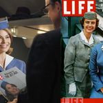On the left, ABC's stewardess smiles next to her likeness on the cover of Life. On the right, an actual Life Magazine cover featuring a Pan Am stewardess.